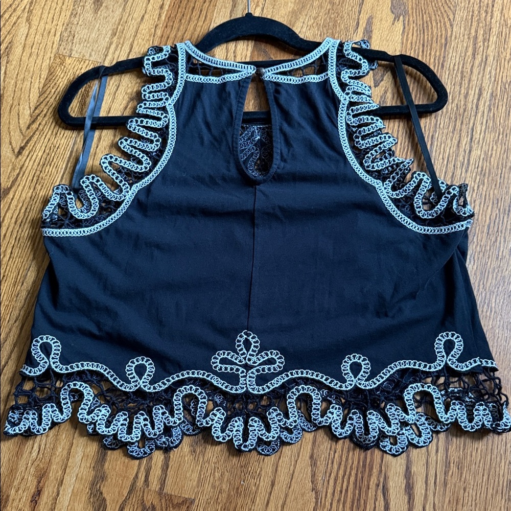 EUC BY ANTHROPOLOGIE Black Tank with Open Lace White Crochet Trim Embroidered - Picture 4 of 7